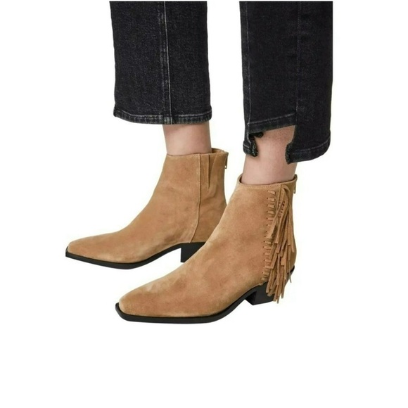 All Saints NEW Layla Cognac Sand Suede Fringe Zip Heel Ankle Booties Size 7 - Picture 5 of 12